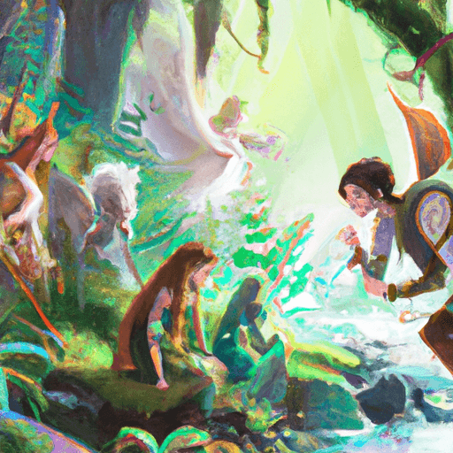 An elf tribe living in harmony with nature, surrounded by forests and animals, and with the magical wand in a sacred place of honor.