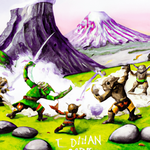An epic battle scene with the elf and troll warriors engaged in fierce hand-to-hand combat, with the ground shaking beneath them and the volcano erupting in the distance.