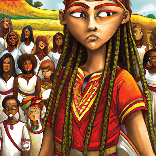 Elara standing in front of her tribe, looking determinedly at them as they listen intently.
