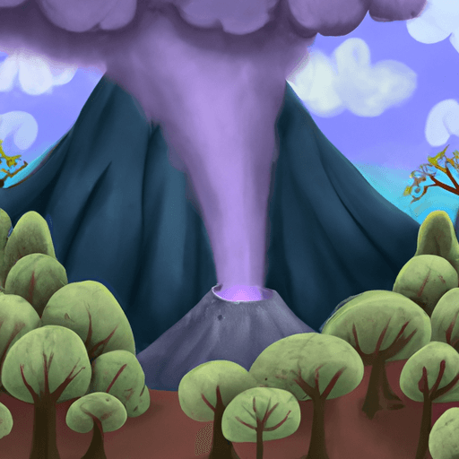 A serene forest with a looming volcano in the center, smoke rising from its mouth.